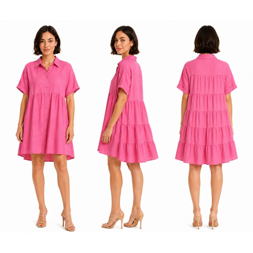 New Umgee S 4 6 8 Sheer Rose Pink Short Sleeve Button Down Back Tiered Dress